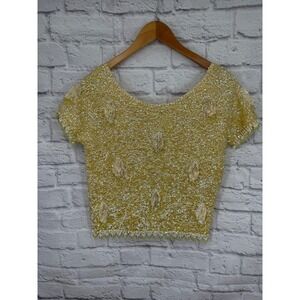 Cardell Vintage Beaded Sequin Crop Top Sweater Yellow Wool Retro 60s Whimsigoth
